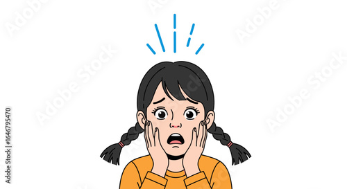 Shocked young girl expression with wide eyes and open mouth clasping her cheeks