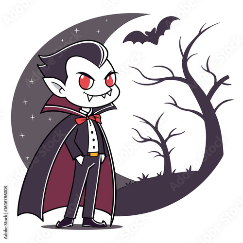 Adorable cartoon vampire with red eyes and cape stands confidently under a crescent moon with a bat and silhouetted trees