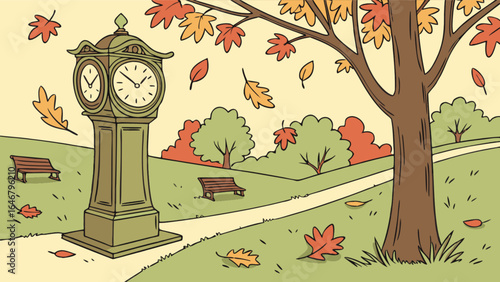 Autumn park scene with clock tower benches and falling leaves illustration vector design seasonal landscape art