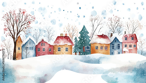 Watercolor Christmas houses landscape in snow, christmas house scene, pine tree, Countryside watercolor landscape illustration of winter