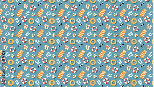 A beautiful top-down view illustration of a summer pool party, showing people on fun floaties like flamingos and donuts, with cocktails by the water's edge.