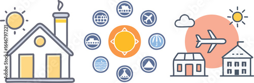 A comprehensive summer travel and holiday tour icon set for app and website design, containing essential symbols like a hotel, sun, tent for camping, and an airplane.