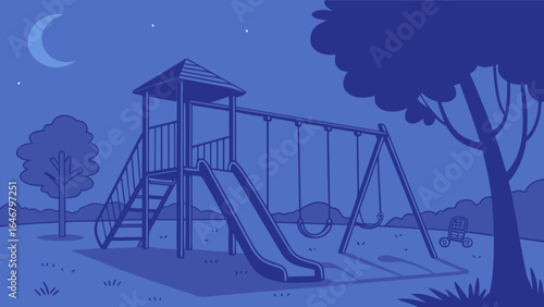 Playground at night vector illustration with slide swings and moon for children recreation area design