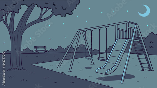 Nighttime playground scene with swings and slide under the moon and stars illustration vector art