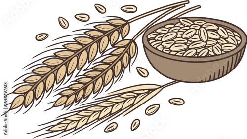Illustration of wheat grains and bowl of oats for healthy eating and organic agriculture concept design vector