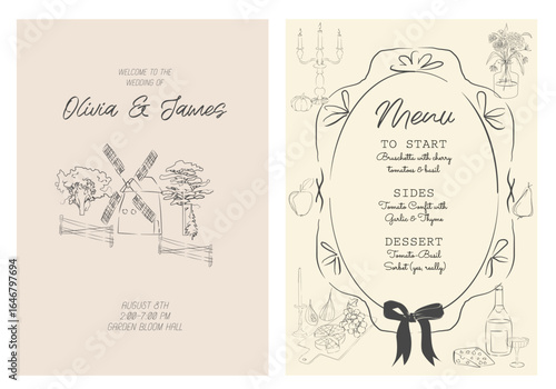 Elegant fall wedding and dinner menu templates in hand-drawn cottagecore style. Set includes cozy autumn elements like pumpkins, wine, cheese, windmill, floral arrangements and candles. 
