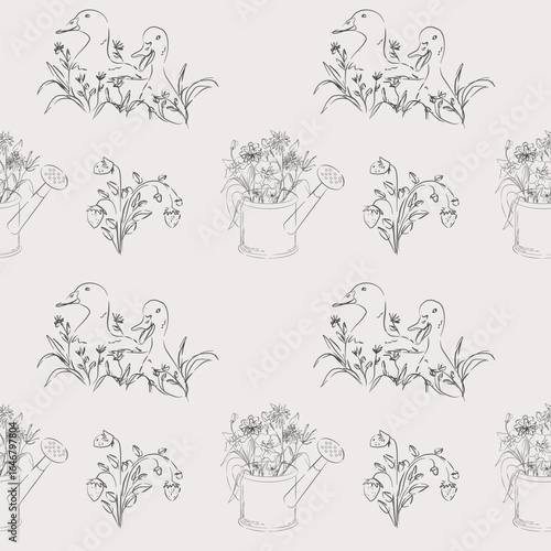 Seamless autumn cottagecore pattern with hand-drawn ducks, wildflowers in watering cans, and strawberries. Whimsical botanical design in vintage sketch style. Perfect for rustic wrapping paper