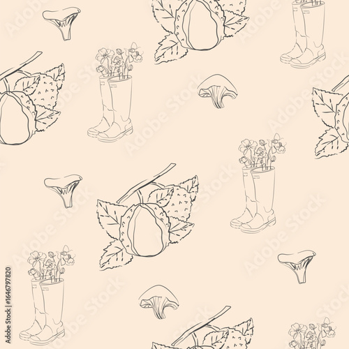 Seamless autumn pattern featuring hand-drawn chestnuts, chanterelle mushrooms, and floral rain boots. Rustic and whimsical design in vintage sketch style. Ideal for cozy textile prints, wrapping paper