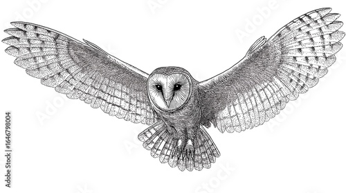 Striking Barn Owl in Mid-Flight A Detailed Black and White Illustration Capturing its Majestic Wingspan