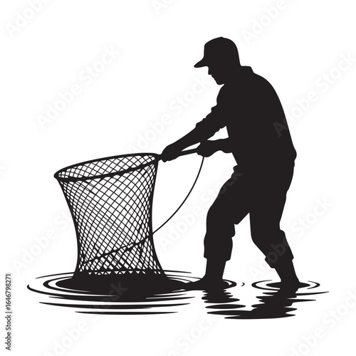 A fisherman pulling in a net pure white background clean vector lines