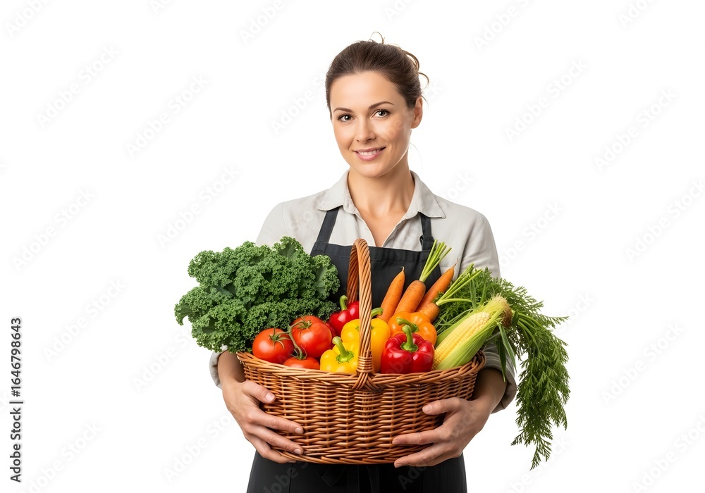 Woman holding a basket of fresh vegetables isolated on white background Woman holding a basket of fresh vegetables isolated on white background