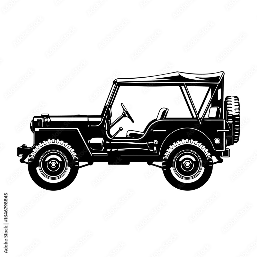 Naklejka premium Vintage rugged open-top utility vehicle illustration showcasing classic design and historical off-road adventure, perfect for evoking nostalgia.