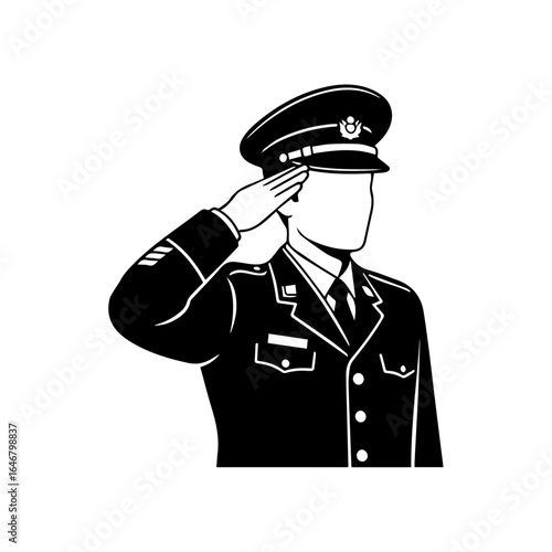 Vector illustration of a uniformed officer performing a crisp salute. This graphic art represents professionalism, honor, and duty, ideal for themes of respect and dedication to service.