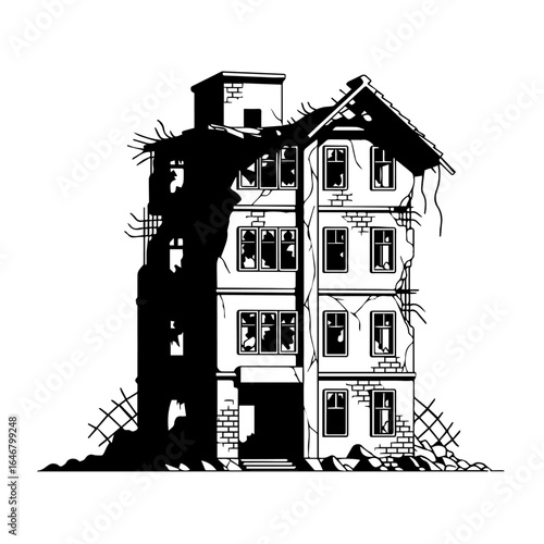 Derelict Building Illustration Post-Apocalyptic Architecture with Ruined Facade and Black and White Graphics
