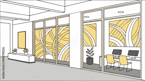 Modern office interior design with glass partitions and minimalist decor for commercial spaces design ideas