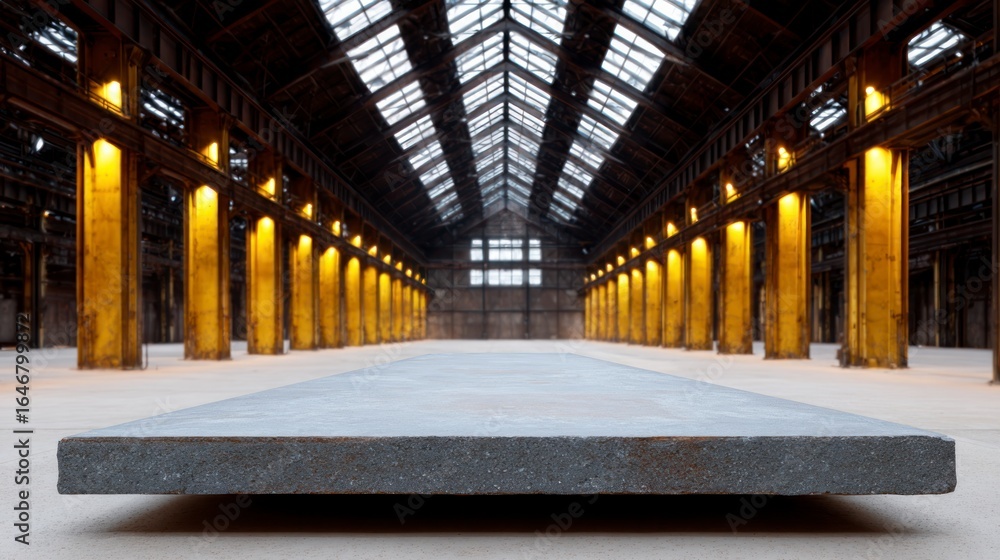 Naklejka premium Wide concrete platform inside a large industrial warehouse with rows of illuminated yellow pillars and a skylight roof