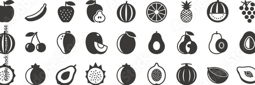 UntitledVector art of a collection of black and white fruit icons, including apples, bananas, strawberries, and watermelons, representing a variety of healthy and delicious food options isolated on wh