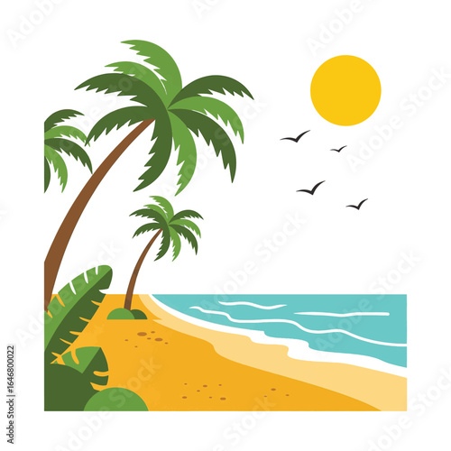 Tropical beach with palm trees, sun and ocean waves, flat vector illustration