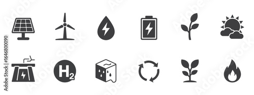 UntitledVector art of renewable energy icon set isolated on white background, featuring symbols of solar panels, wind turbines, water drops, batteries, plants, and other sustainable resources