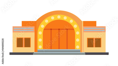 Vintage theater building stage entrance with marquee lights showtime performance venue 1920s style 100 char