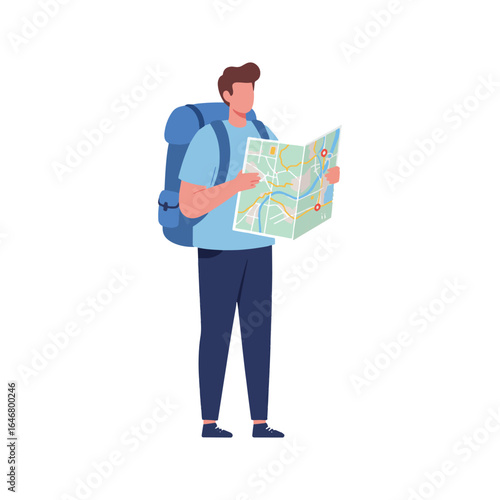 Solo traveler with backpack reading city map, flat vector illustration on white