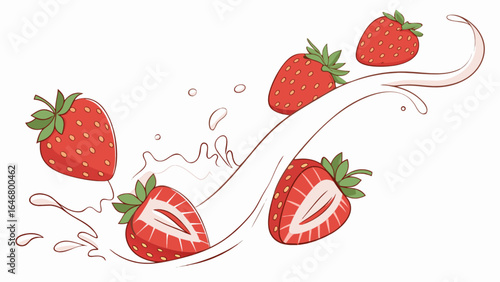 Strawberry fruit with milk splash vector illustration for fresh juice and smoothie design concept