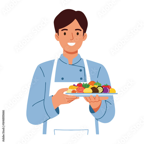 Smiling chef holding plate of fresh fruits and vegetables, white background
