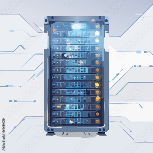 High tech server rack with glowing lights and sleek metallic finishes in modern style