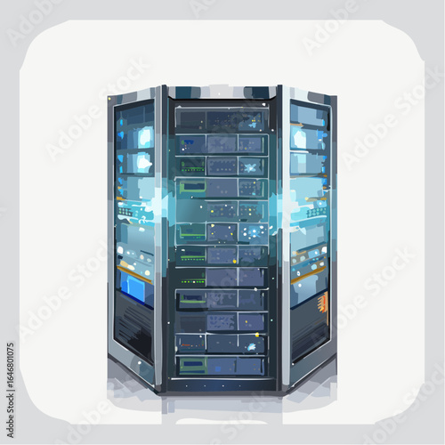 High tech server rack with glowing lights and sleek metallic finishes in modern style