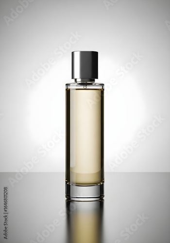 Elegant perfume bottle on reflective surface