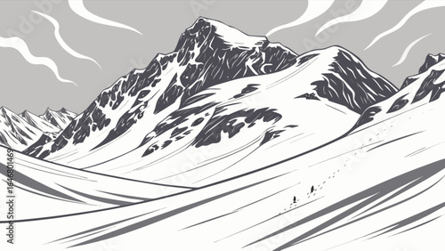 Snowy mountain landscape illustration for winter sports and outdoor adventure seekers with skiing and hiking trails