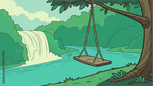 Beautiful waterfall landscape with tree swing and river cartoon illustration for nature lovers and kids 100