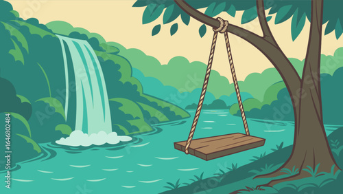 Beautiful nature scene with waterfall river tree swing and green landscape vector illustration background design