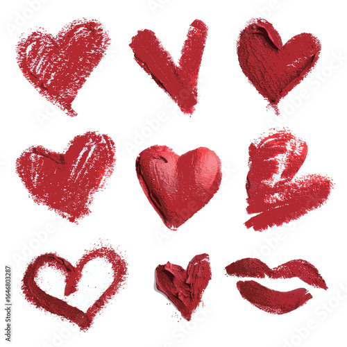 A set of red hearts with lipstick on them. Some are big and some are small. They are all different sizes and shapes