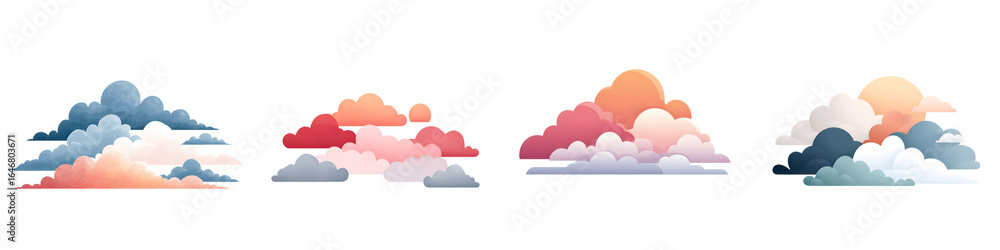 Fototapeta premium Stylized Cloudscape Illustrations - Set of Colorful Clouds on White