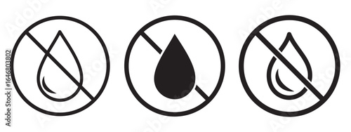 Water drops icon set. No water sign. Water droplets icon collection in the circle. Raindrops sign in flat style. black water or oil drop symbol for apps and websites, vector illustration.
