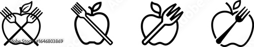 Four minimalist icons representing utensils and an apple, focusing on themes of food, dining, and nutrition.