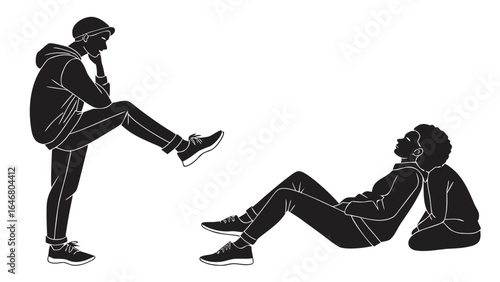 Silhouette illustration of two people in casual wear one standing and one reclining against another person created with generated ai