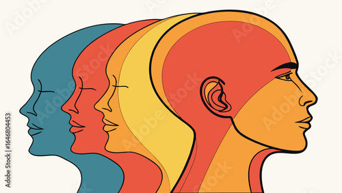 Overlapping colorful head profiles in shades of blue red and yellow showing human diversity and connection created with generated ai