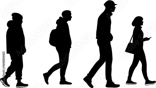 Silhouettes of four people walking in a row with different clothing and accessories in black and white style created with generated ai