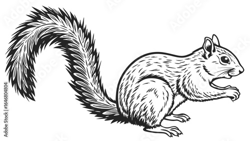 Illustration of a squirrel with a bushy tail in black and white line art style sitting on its hind legs created with generated ai