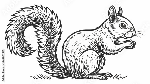 Illustration of a squirrel sitting on the ground eating something with a bushy tail and detailed fur created with generated ai