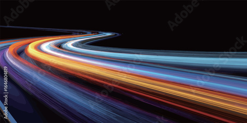 A long, colorful line of light. The line is orange, blue, and purple. The line is very long and is on a black background