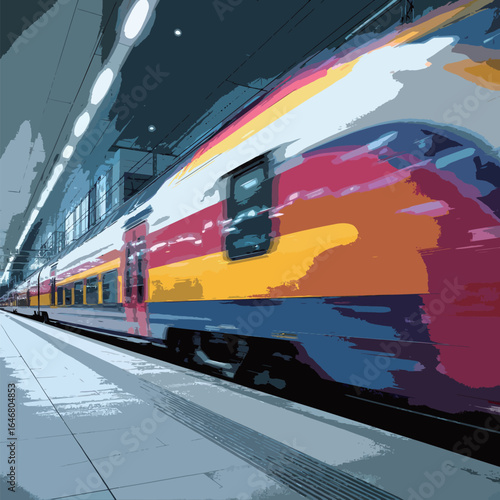 A train is moving down the tracks. The train is red, yellow, and blue. The train is moving very fast