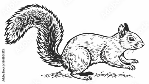 Illustration of a squirrel with a bushy tail in black and white line art style running on the ground created with generated ai