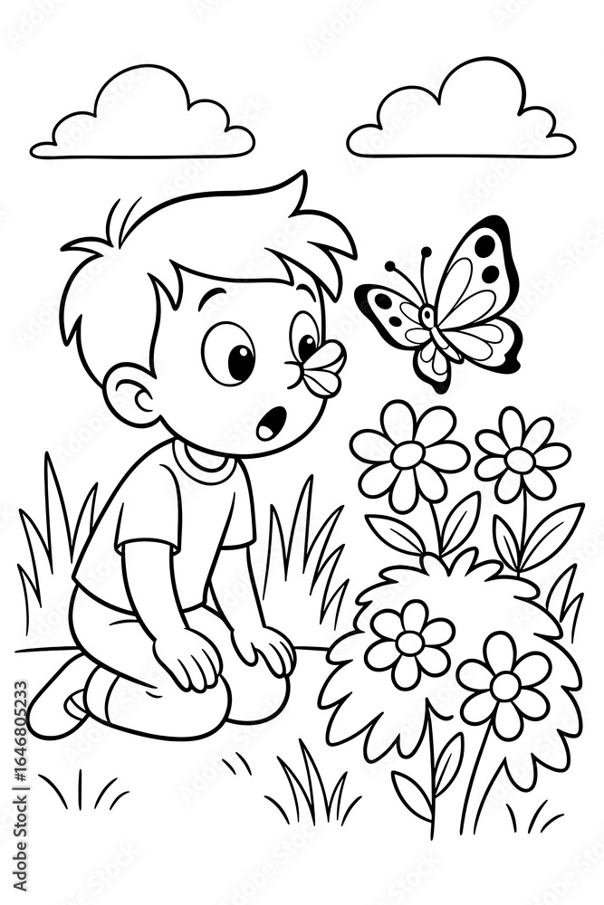 Fototapeta premium Coloring page featuring a boy surprised by a butterfly and flowers