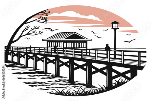 Illustration of a wooden pier extending into the water with a building and birds in the sky above it created with generated ai