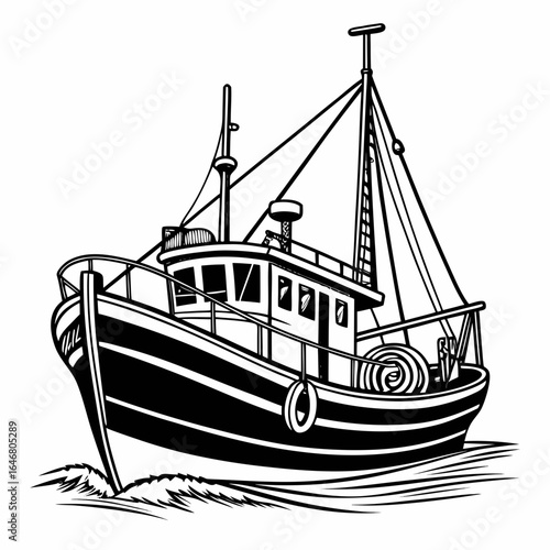 Illustration of a fishing boat with masts and rigging sailing on water in black and white style created with generated ai