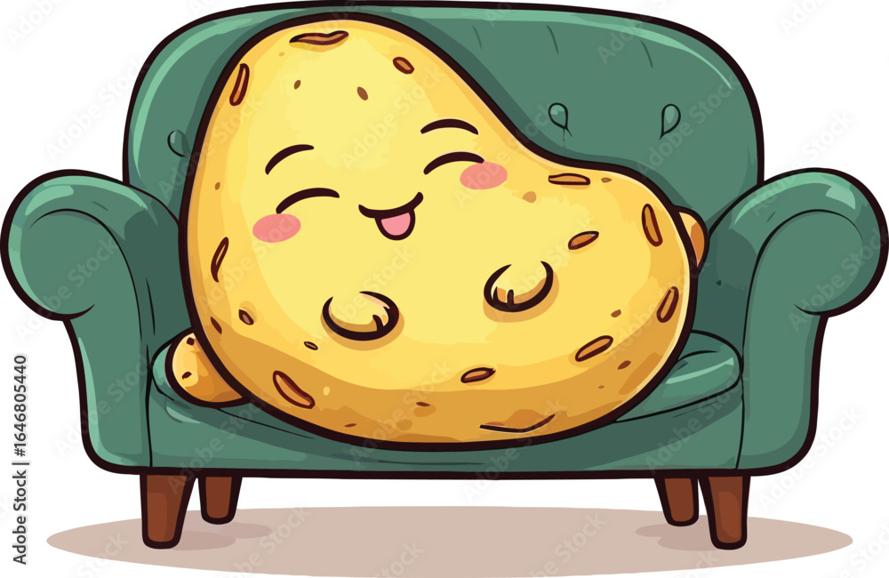 Fototapeta premium Cute Cartoon Potato Character Relaxing On A Green Sofa Funny Vector Illustration For Childrens Books Animated Content And Food Themed Designs