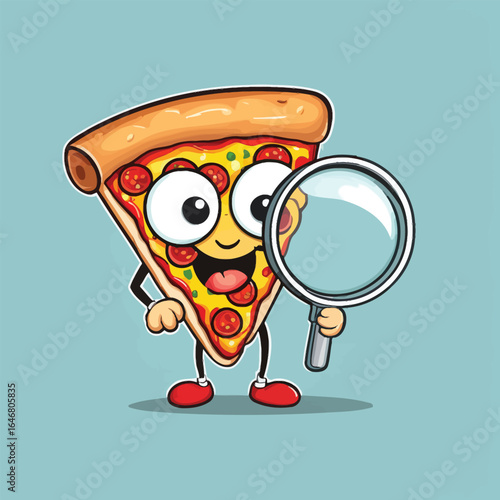 Funny Pizza Slice Cartoon Character Investigating With A Magnifying Glass Playful Vector Illustration For Food Concepts Childrens Books And Educational Graphics